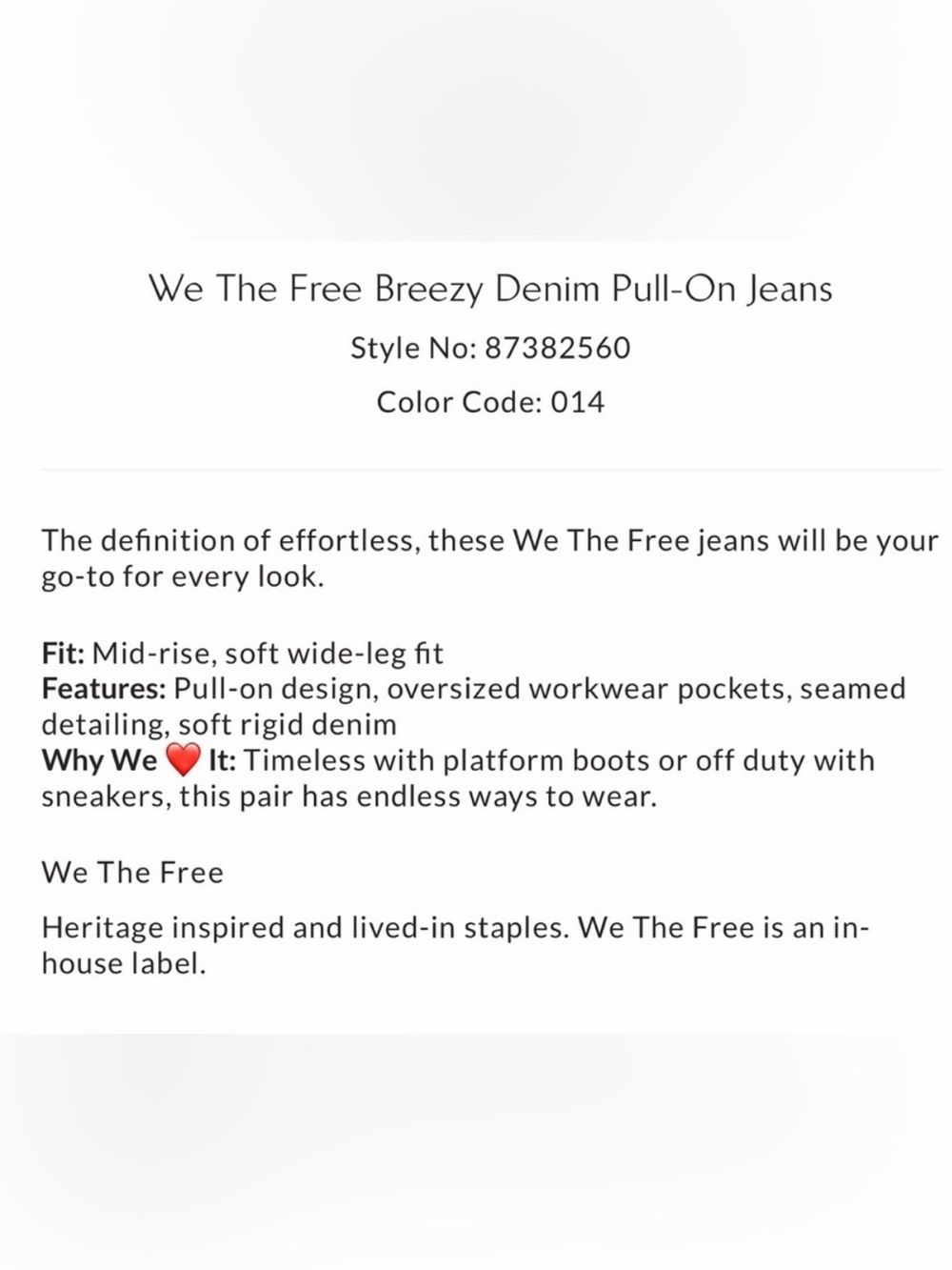 We the Free Breezy Denim Pull On Jeans in Antelope NWOT - Picture 4 of 4